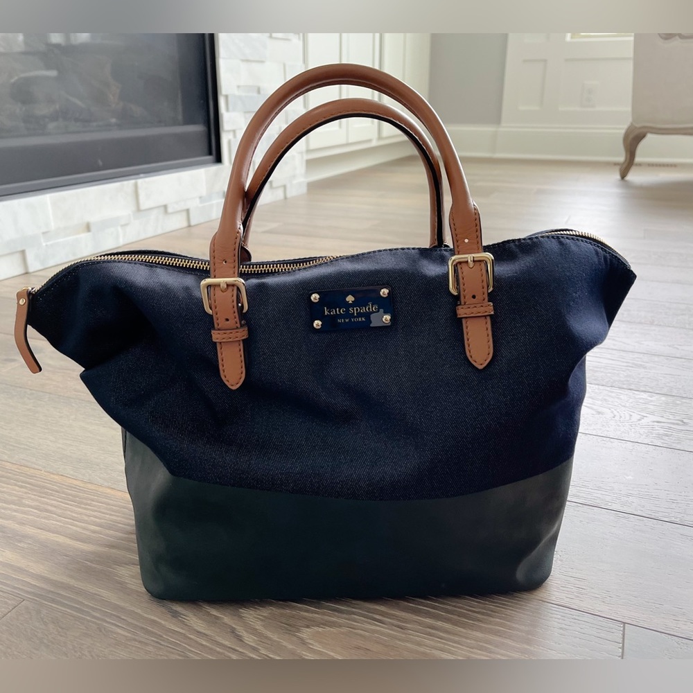 Kate Spade Black and Navy Tote with Brown Handles